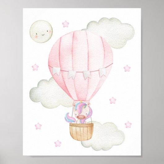Rosa Heißluftballon, Einhorn, Sterne, Girl-Kinderz Poster (Vorne)
