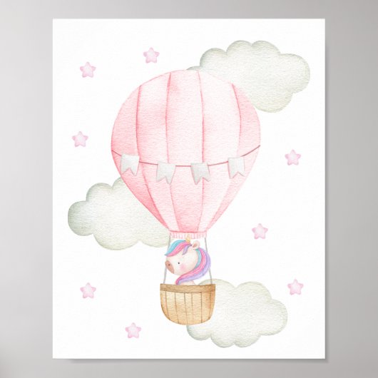 Rosa Heißluftballon, Einhorn, Sterne, Girl-Kinderz Poster (Vorne)