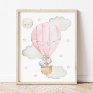 Rosa Heißluftballon, Einhorn, Sterne, Mädchen-Kind Poster