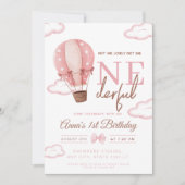 Rosa Heißluftballon Einzigartiger Erster Geburtsta Einladung (Vorderseite)