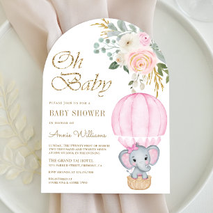 Rosa Heißluftballon-Elefantenbogen-Baby-Party Einladung