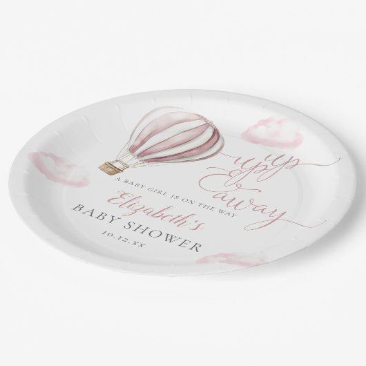 Rosa Heißluftballon Girl Baby Dusche Pappteller (Schrägansicht)