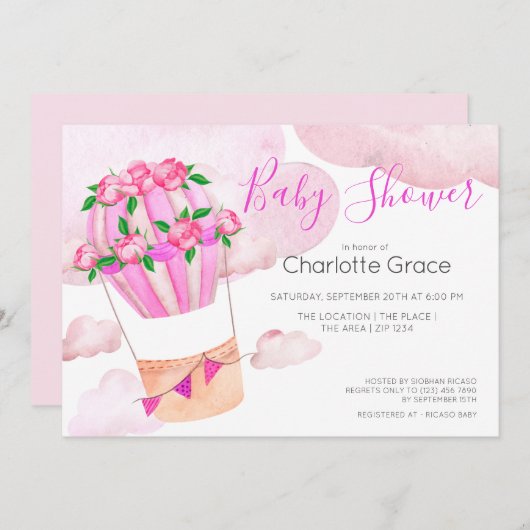 Rosa Heißluftballon in der Wolkendusche Einladung (Vorne/Hinten)