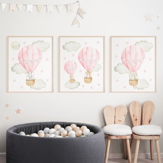 Rosa Heißluftballon, Niedlicher Tiere, Girl-Kinder Bilderwand Sets