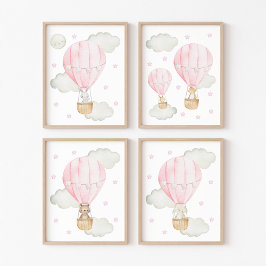 Rosa Heißluftballon, Niedlicher Tiere, Girl-Kinder Bilderwand Sets