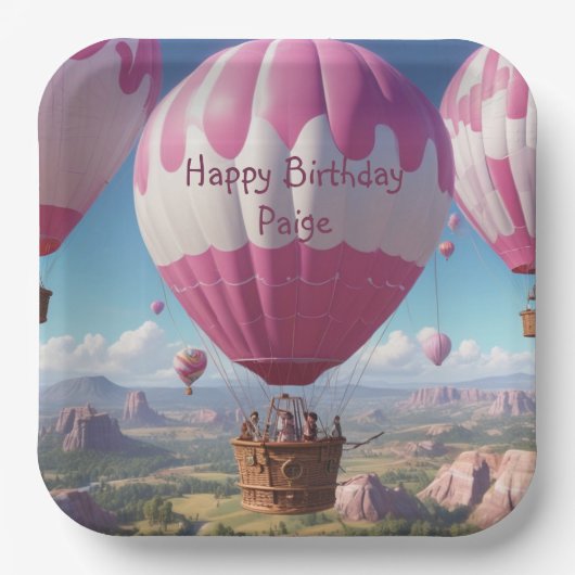 Rosa Heißluftballon Pappteller (Vorderseite)