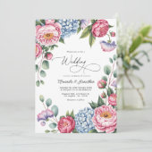 Rosa, Hellblau und Lavendel Blumenhochzeit Einladung (Stehend Vorderseite)