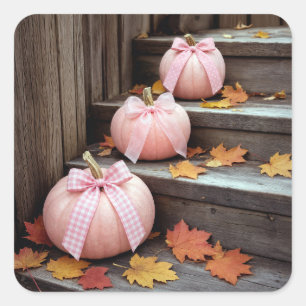 Rosa Herbstkürbisse und Herbstlaub Quadratischer Aufkleber