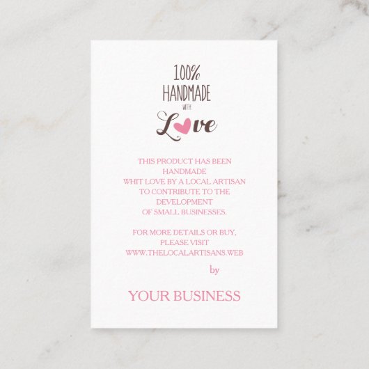 Rosa Herz 100% Handgefertigt mit Liebe Zitat Visitenkarte (Rückseite)