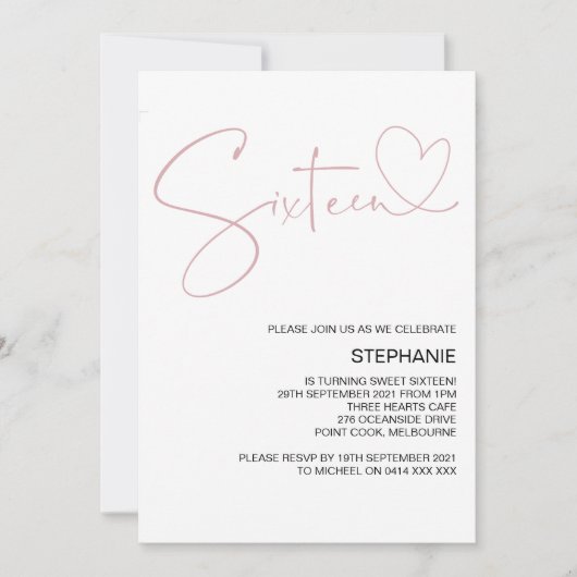 Rosa Herz 16 . Geburtstag Geburtstagsparty Einladung (Vorderseite)