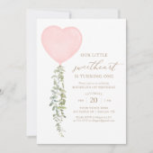 Rosa Herz Balloon Eucalyptus Girl Birthday Einladung (Vorderseite)