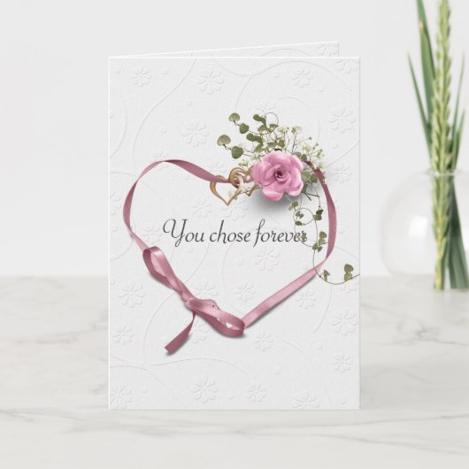 Rosa Herz-Band und Gold Hochzeiten Rings Karte (Vorderseite)