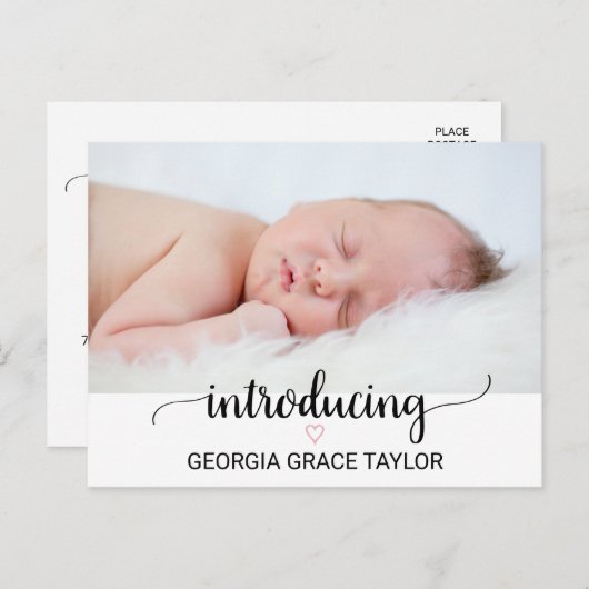 rosa Herz | Black Calligraphy Birth Ankündigung (Vorne/Hinten)