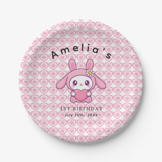 Rosa Herz Chic Hase einfaches Mädchen Geburtstag Pappteller (Vorderseite)