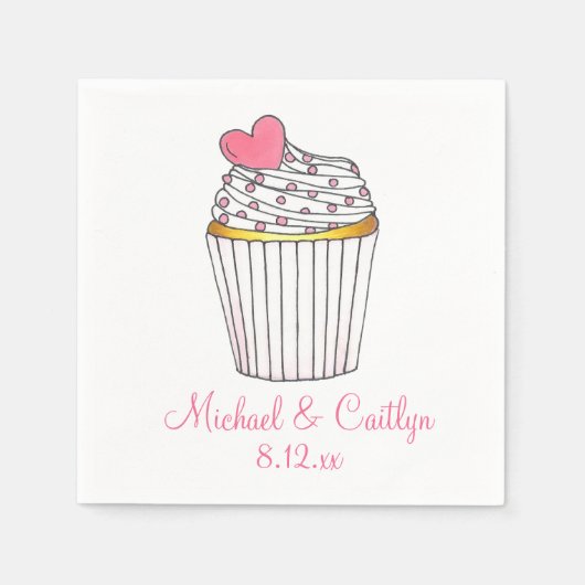 Rosa Herz Cupcake Personalisiert Hochzeit Napkins Serviette (Vorderseite)