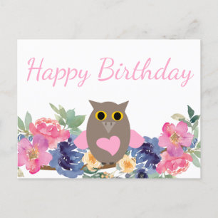 Rosa Herz Eule Floral Wasserfarbe Alles Gute zum G Postkarte