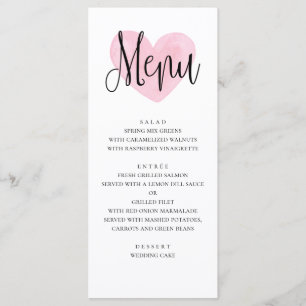 Rosa Herz Hochzeitsmenü. Romantisches modernes Abe Menükarte