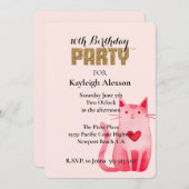 Rosa Herz Katze Gold Glitzer Geburtstag Einladung (Vorne/Hinten)