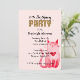 Rosa Herz Katze Gold Glitzer Geburtstag Einladung