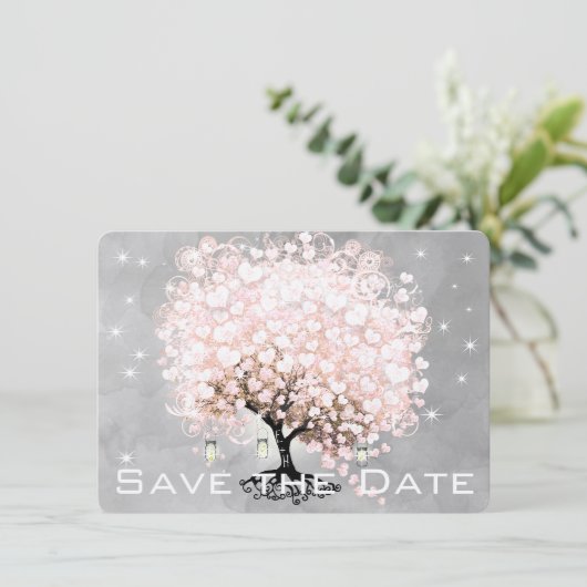 Rosa Herz Leaf Tree Save the Date (Stehend Vorderseite)