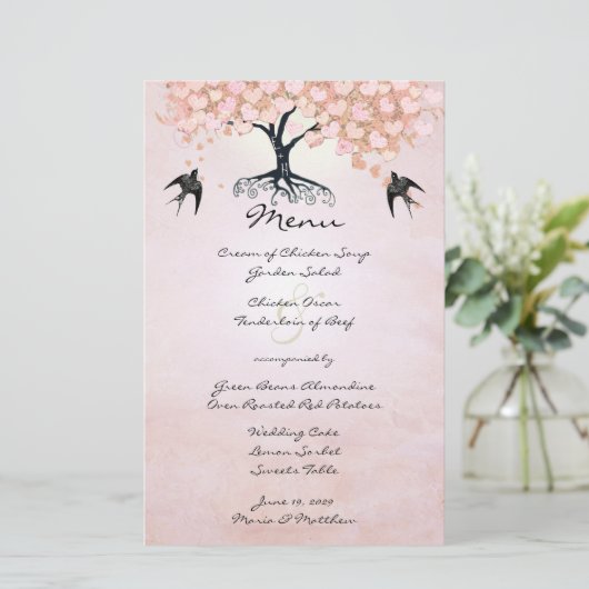 Rosa Herz Leaf Tree Wedding Menü (Stehend Vorderseite)