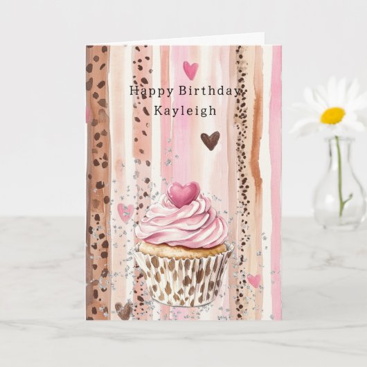Rosa Herz Leopard Cupcake Konfetti Geburtstag Karte (Kleine Pflanze)