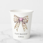 Rosa Herz Leopard Girly Bow Geburtstag Pappbecher (Vorderseite)