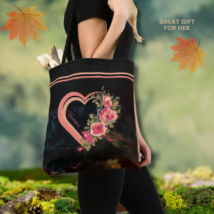 Rosa Herz mit Rosen-Totebeutel Tasche