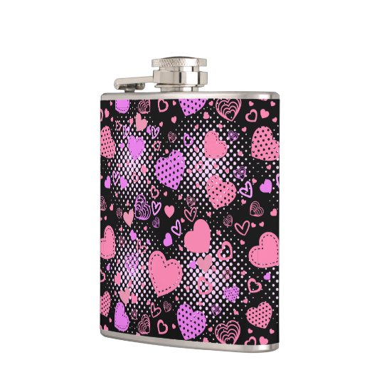 rosa Herz Muster 01 Schwarzes BG Flachmann (Links)