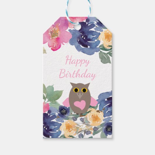 Rosa Herz Owl Floral Wasserfarbe Glücklich Geburts Geschenkanhänger (Vorderseite)