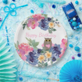 Rosa Herz Owl Floral Wasserfarbe Glücklich Geburts Pappteller (Party)