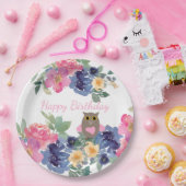 Rosa Herz Owl Floral Wasserfarbe Glücklich Geburts Pappteller (Party)