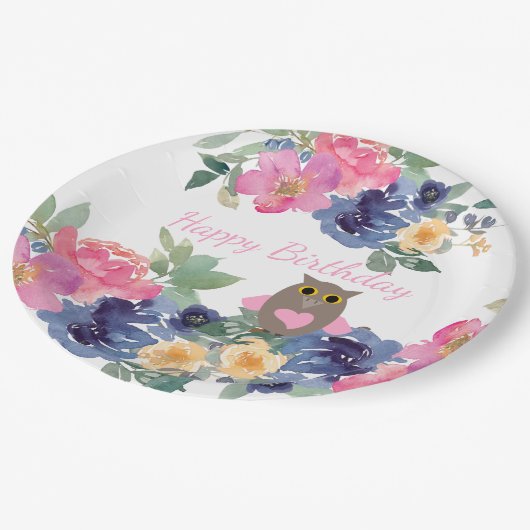 Rosa Herz Owl Floral Wasserfarbe Glücklich Geburts Pappteller (Schrägansicht)