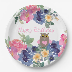 Rosa Herz Owl Floral Wasserfarbe Glücklich Geburts Pappteller