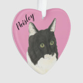 Rosa Herz Personalisiert Schwarze und Weiße Katze Ornament (Vorderseite)
