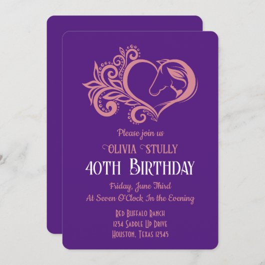 Rosa Herz, Pferd und Mädchen, elegant, 40. Geburts Einladung (Vorne/Hinten)