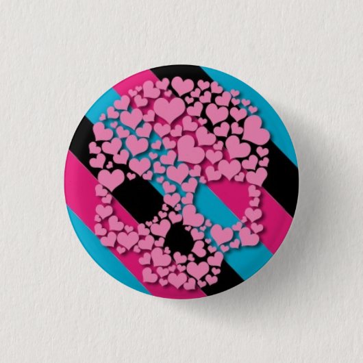 Rosa Herz-Schädel auf Streifen Button (Vorderseite)