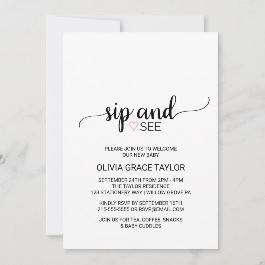 rosa Herz | Simple Black Calligraphy Sip and See Einladung (Vorderseite)