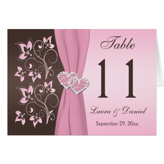 Rosa, Herz-Tischnummer-Blumenkarte Browns (Vorderseite (Horizontal))