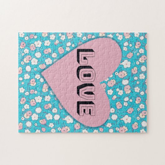Rosa Herz und Blume Liebe Puzzle (Horizontal)