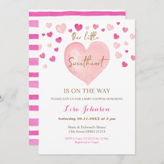 Rosa Herz Valentine Babydusche Einladung (Vorne/Hinten)