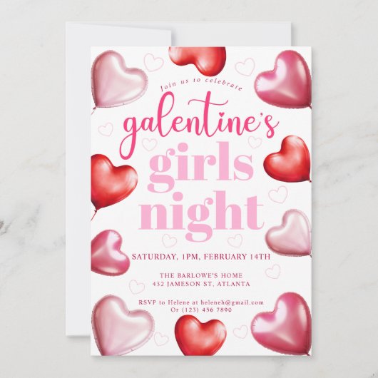 Rosa Herz Valentins Galentiner Girls Night Einladung (Vorderseite)