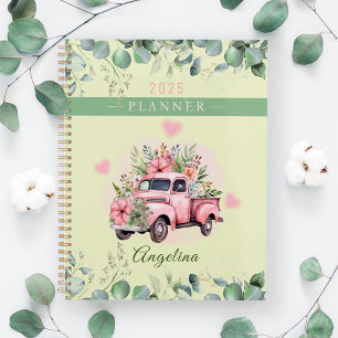 Rosa Herz Vintage Blumen LKW Personalisieren Name Planer