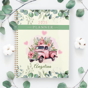 Rosa Herz Vintage Blumen LKW Personalisieren Name Planer