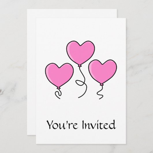 Rosa Herzballon mit schwarzer Kontur. Einladung (Vorne/Hinten)