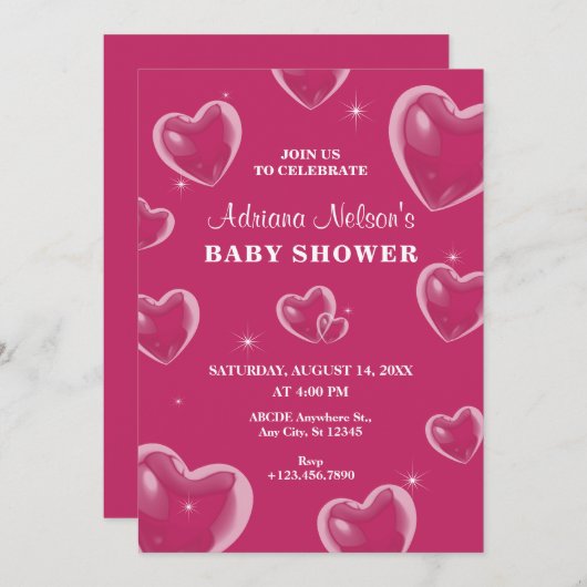 Rosa Herzblase Babydusche Einladung (Vorne/Hinten)