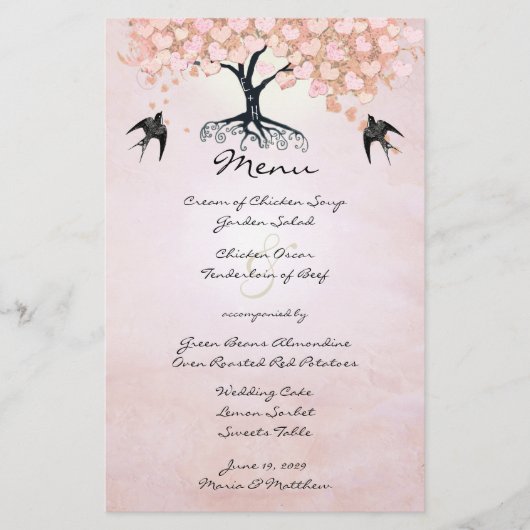 Rosa Herzblatt-Baum-Hochzeitsmenü (Vorderseite)