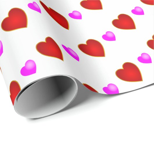 Rosa Herzen auf WEISS Geschenkpapier (Rolleneckpunkt)
