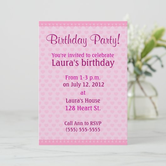 Rosa Herzen Geburtstagsparty Einladung (Stehend Vorderseite)