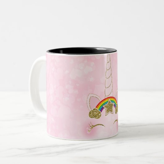 Rosa Herzen Gold Rainbow Star Horn Face Zweifarbige Tasse (Vorderseite Links)
